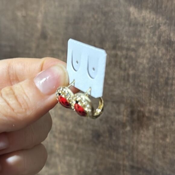 Chic 14K Gold Plated Red Lady Bug Stud Zirconia Earrings - Picture 12 of 17